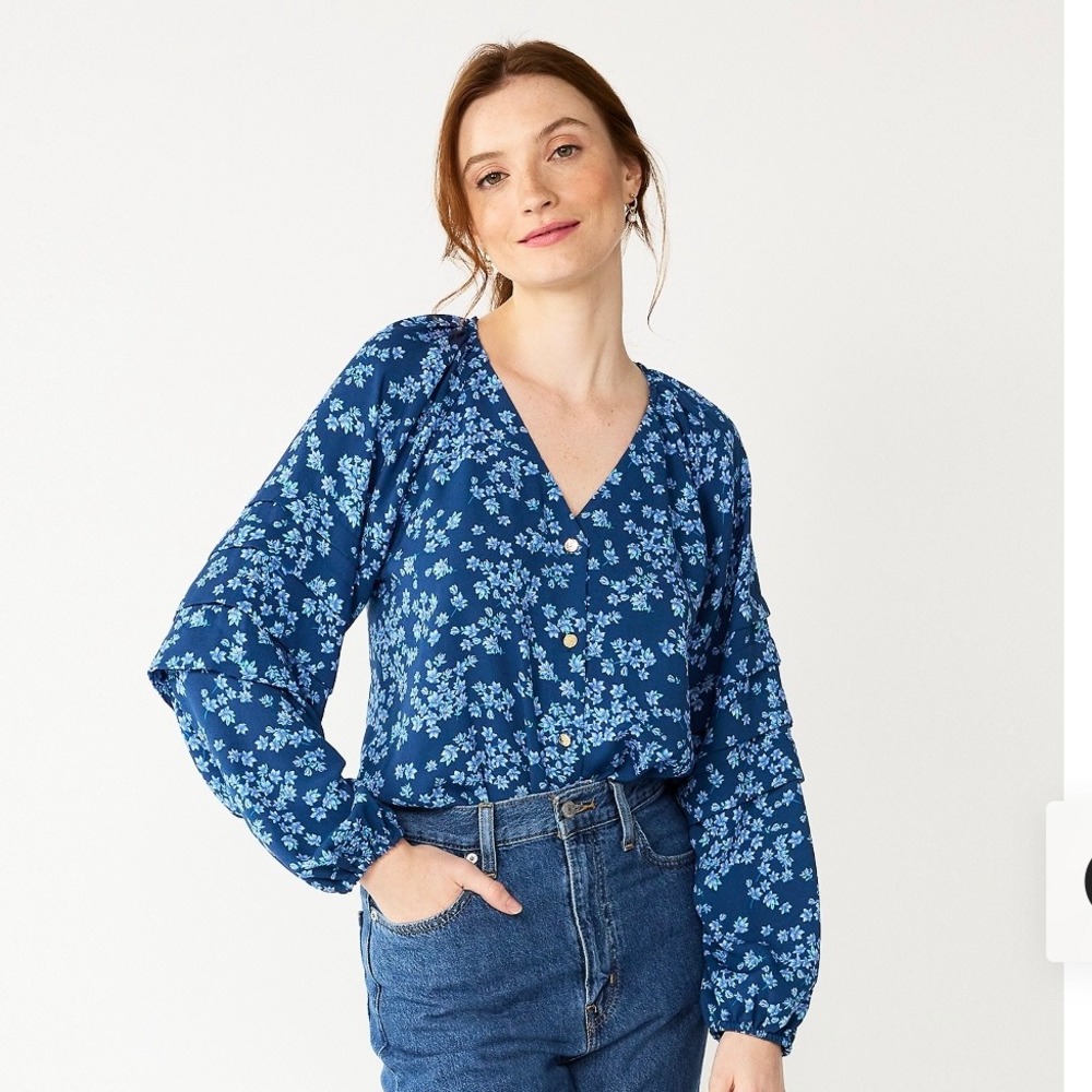 NEW DRAPER JAMES RSVP Ruffled balloon Sleeve‎ ditsy floral Bodysuit Size XS blue